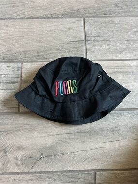 Black Bucket Hat with Multicolor Embroidered Lettering